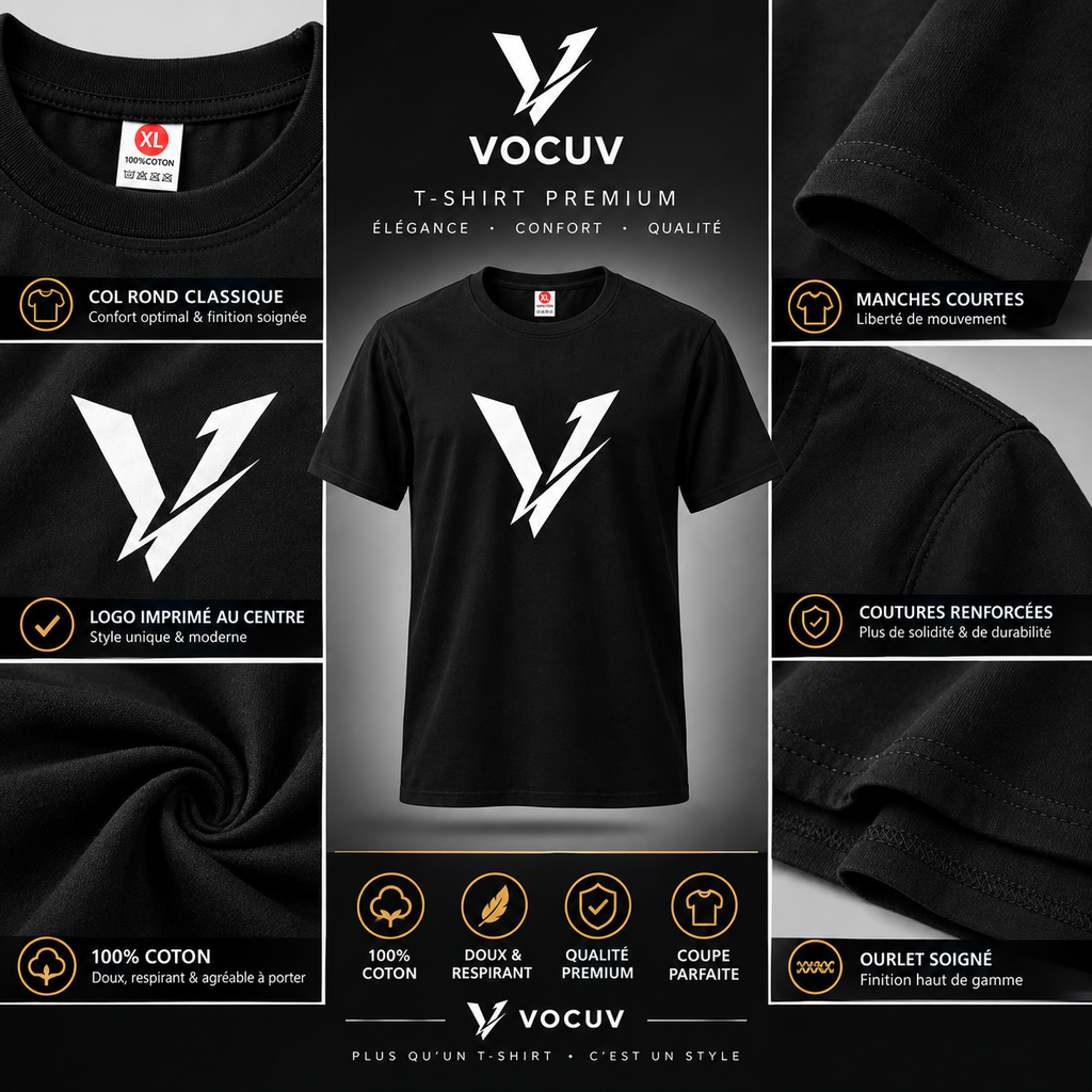 Pack 2 PCS : T-Shirt Premium Signature - VOCUV Elite Black 100% COTON