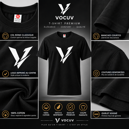 Pack 2 PCS : T-Shirt Premium Signature - VOCUV Elite Black 100% COTON